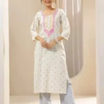 Off White Embroidered Cotton Straight Kurta