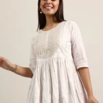 Off White Printed Cotton Anarkali Short Kurti