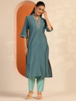 Blue Embellished Silk Blend Straight Kurta - Image 4