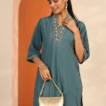 Blue Embellished Silk Blend Straight Kurta