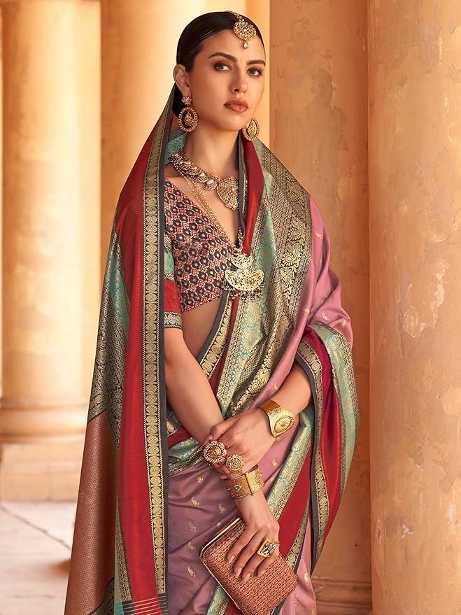 81zCag4GaGL._SY879_.jpg Women's Woven Design Peacock Print Silk Blend Saree with Unstitched Blouse Piece - Image 1