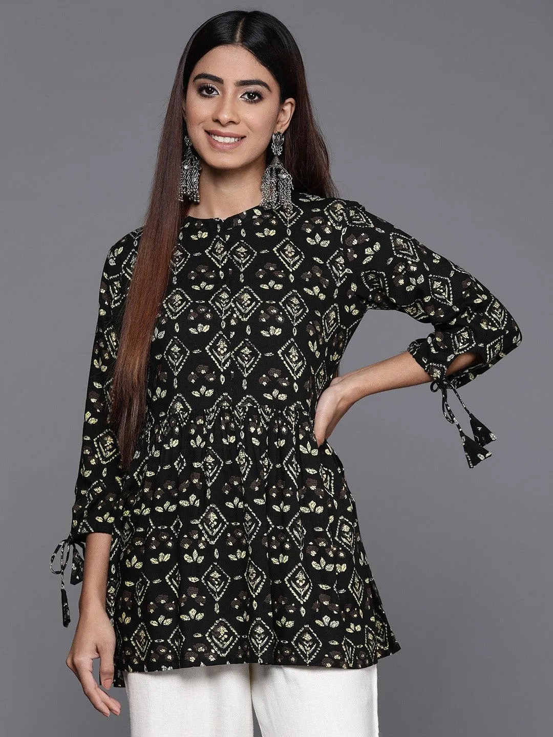 black-printed-rayon-a-line-kurti-libas-1.webp Black Printed Rayon A-Line Kurti - Image 1