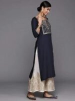 Navy Blue Yoke Design Rayon Straight Kurta - Image 2